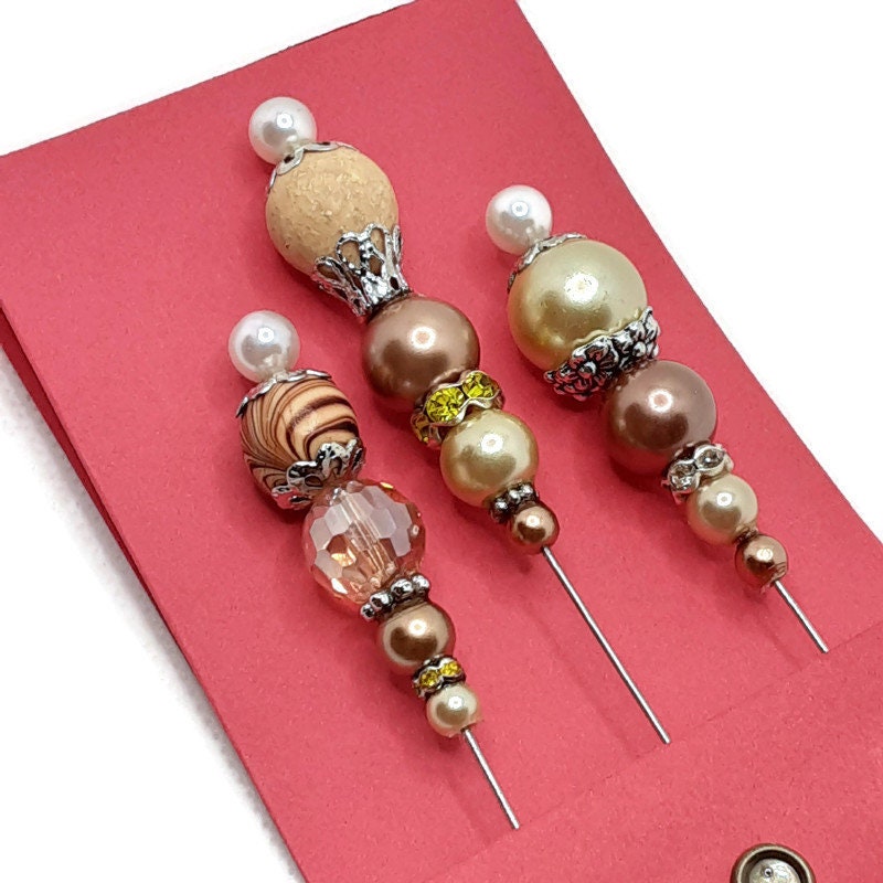 Wood Decorative Pins for Pincushions Set of 3 Beaded Pins Etsy