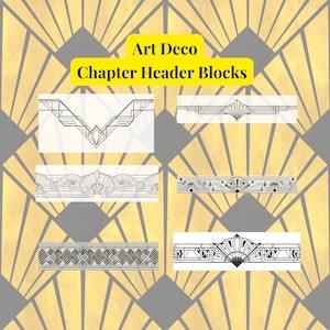 Könnte beinhalten: Art Deco Kapitelüberschriften in Schwarz und Weiß, mit geometrischen und fächerförmigen Designs. Die Blöcke sind vor einem gold-grauen geometrischen Hintergrund platziert und erzeugen eine Vintage-Ästhetik.