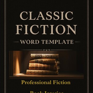 May include: A digital template titled CLASSIC FICTION WORD TEMPLATE with the text Professional Fiction, Book Interior, and Classic Print Novel Layout. The image features a stack of four antique, leather-bound books illuminated on a shelf.