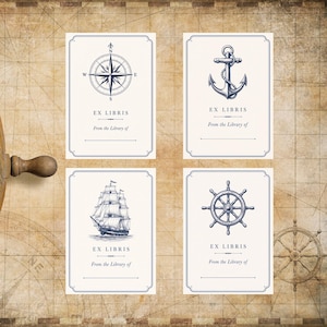 May include: Four rectangular bookplates with a cream background and dark blue nautical illustrations. Each features the text EX LIBRIS and From the Library of, with a line for a name. Designs include a compass rose, an anchor, a ship, and a wheel.