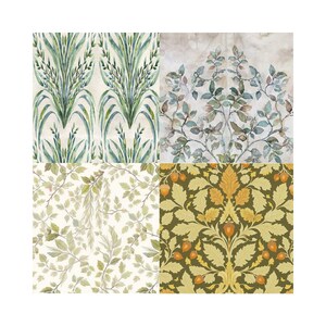 May include: Four wallpaper samples with botanical designs. Top left features green and blue stylized plants on a cream background. Top right shows blue and green leaves. Bottom left has light green leaves. Bottom right has yellow leaves and acorns.