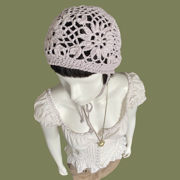 Crochet Floral Bonnet Mesh Bonnet Adult Bonnet Summer Bonnet Knitted Bonnet Fishnet bonnet Adult bonnet Summer headpiece