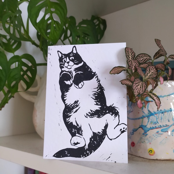 Tuxedo Cat Linocut print Greeting Card, Birthday Card, Cat belly, Fluffy Cat, Nature Card, Hand Printed, Block Print, Linoprinted Card