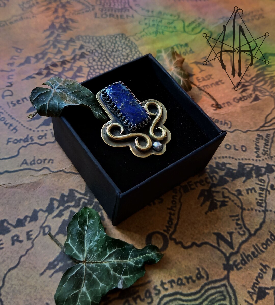 Lapis Lazuli Statement Ring, Lapis Cocktail Ring, Brass Ring, Elven