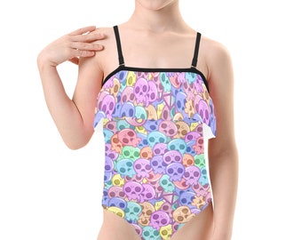 Pastel Goth Skull Kids' Spaghetti Strap Ruffle Swimsuit