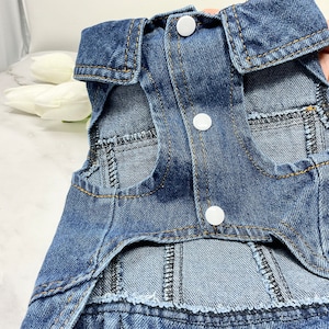 May include: A blue denim dog vest with a button fastening and two pockets. The vest has a cut-out for the dog's tail.