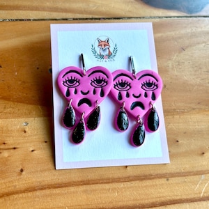 Crying Heart Tattoo Polymer Clay Dangle Earring | Broken Heart | Valentine’s Day Statement Earrings
