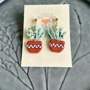 Succulent in Pot Polymer Clay Stud Earrings | Dangle Statement Jewelry | 18k Gold Plated Teardrop Posts