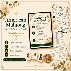 Peut inclure: Un ensemble de référence rapide pour le Mahjong américain comprenant six cartes pédagogiques et une tablette numérique. Les cartes et la tablette affichent du texte comme Emergency Turn Guide, Can I Call That Tile, The Charleston et Joker Rules, avec trois tuiles de mahjong et un jeton circulaire doré orné de motifs floraux.
