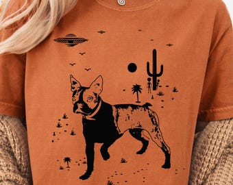 Boston Terrier Shirt, Boston Terrier Retro UFO Western Shirt, Vintage Dog T-Shirt, Cowboy TShirt, Dog Mom, Dog Dad