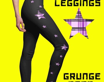 Goth Grunge Star Leggings, Pastel Goth Plaid Star Leggings