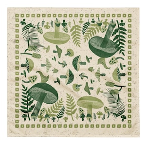 Mushroom and Ferns Bandana, Mushroom Scarf, Fern Scarf, Hippie Boho Bandana, Foraging Bandana