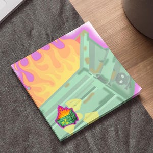 May include: A green dumpster on fire with flames in orange, yellow, and pink. The dumpster has a skull and crossbones on the side and a smaller dumpster on fire in the front.