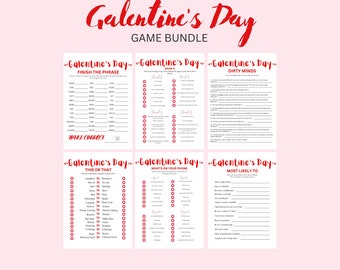 Peut inclure: Un lot de jeux imprimables pour la fête de la Galentine avec cinq jeux différents : Finir la phrase, Choisir, Esprits sales, Ceci ou cela, Ce qui est sur votre téléphone et Le plus susceptible de. Les jeux sont imprimés sur du papier blanc avec du texte et des bordures rouges.