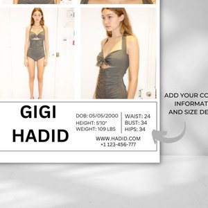 May include: A model poses in a green halter swimsuit with a bow detail. The text "GIGI HADID" is displayed in large, bold letters. The model's measurements and contact information are listed below the text.