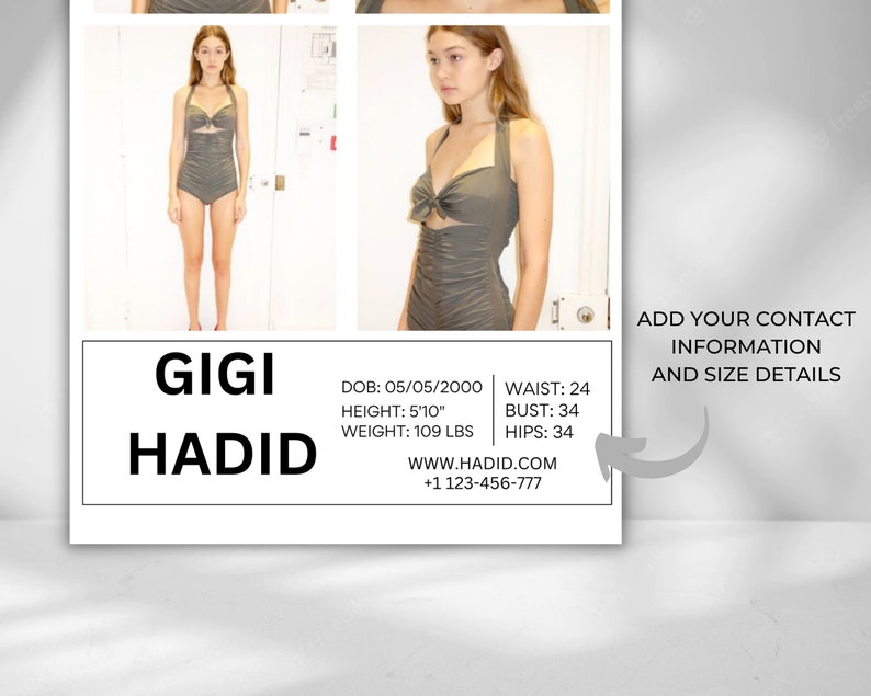 May include: A model poses in a green halter swimsuit with a bow detail. The text "GIGI HADID" is displayed in large, bold letters. The model's measurements and contact information are listed below the text.