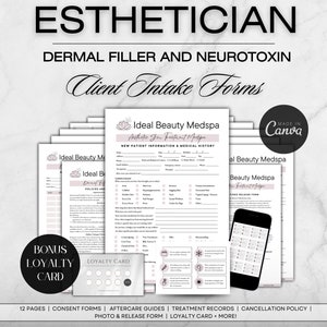 Formulaires Medspa, Formulaires pour esthéticiens, Produits de comblement dermique, Botox, Formulaires de consultation, Formulaire de consentement, Cartes de suivi, Formulaires d'admission pour esthéticiens, Medspa