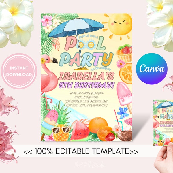 POOL PARTY Birthday Invitation Template, Tropical Birthday Invite, Splish Splash Birthday Invite,Summer Swimming Pool Pad Party ISABELLA #01