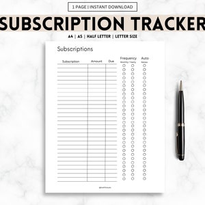 Subscription Tracker Printable, Membership Checklist, Expense Tracker, Budget, Finance Planner, Student Journal, A4/A5/Letter/Half Letter