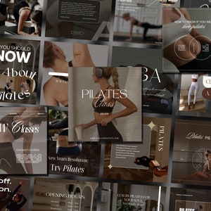 Op de afbeelding: Een collage van afbeeldingen die pilateslessen promoten. De afbeeldingen tonen mensen die pilatesoefeningen doen, een schema van lessen en tekst over de voordelen van pilates. De tekst bevat de woorden "Pilates Class", "New Years Resolution: Try Pilates", "Revitalizing Pilates" en "How to know if you will love pilates".