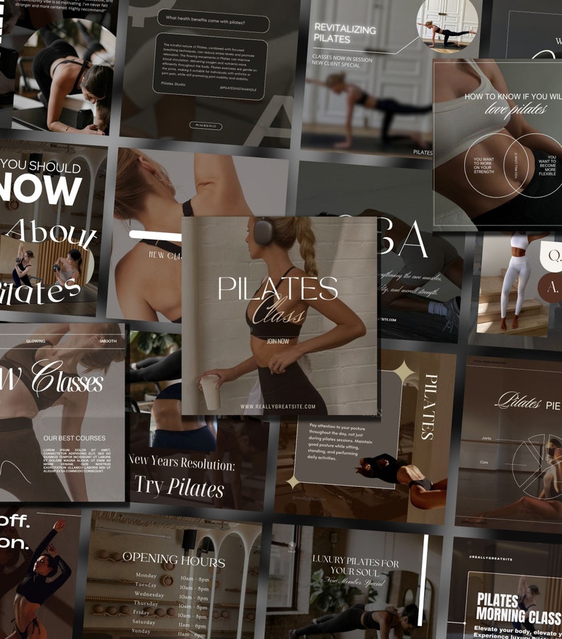 Op de afbeelding: Een collage van afbeeldingen die pilateslessen promoten. De afbeeldingen tonen mensen die pilatesoefeningen doen, een schema van lessen en tekst over de voordelen van pilates. De tekst bevat de woorden "Pilates Class", "New Years Resolution: Try Pilates", "Revitalizing Pilates" en "How to know if you will love pilates".