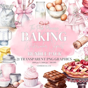 Kawaii Watercolor Bakery Clipart Bundle, Hand Drawn Bakery PNGs, Pink Pastel, Cute Baking Supplies, Scrapbooking, Sketch, Commercial Use