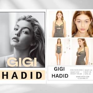 May include: A black and white photograph of Gigi Hadid with the text "GIGI HADID" in a yellow box. The photo is on the left side of the image. The right side of the image has a model card with the text "GIGI HADID" in a yellow box. The model card includes the model's vital statistics, website, and phone number.