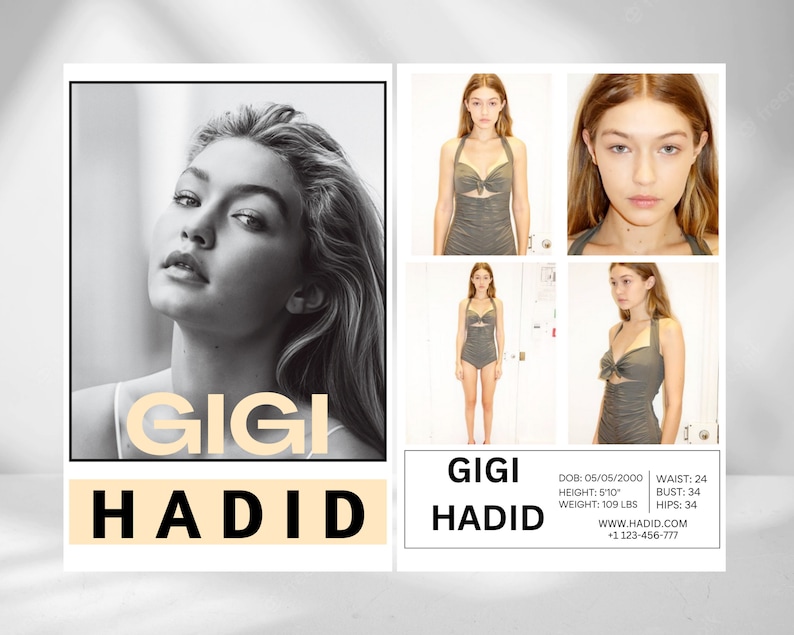 May include: A black and white photograph of Gigi Hadid with the text "GIGI HADID" in a yellow box. The photo is on the left side of the image. The right side of the image has a model card with the text "GIGI HADID" in a yellow box. The model card includes the model's vital statistics, website, and phone number.