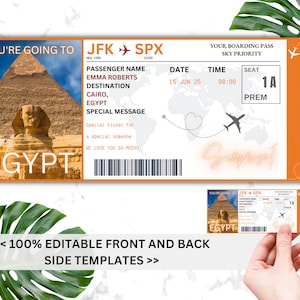 EDITABLE Egypt Surprise Boarding Ticket Template Pass, Canva Boarding Pass, Plane Ticket to Ride Vacation Trip Flight Gift Coupon Vol. 1