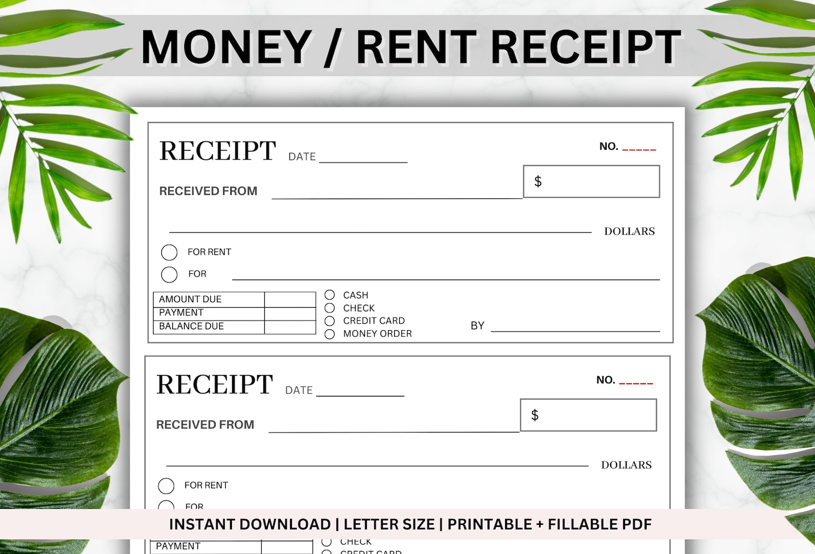 PRINTABLE Money or Rent Receipt Cash Receipt Sales Receipt Business