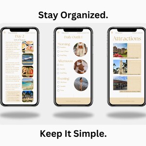 Op de afbeelding: Een screenshot van een mobiele app met een dagelijkse routebeschrijving voor een reis. De app bevat een sectie voor dagelijkse outfits, attracties en een dagelijks schema. De app is ontworpen om reizigers te helpen georganiseerd te blijven.