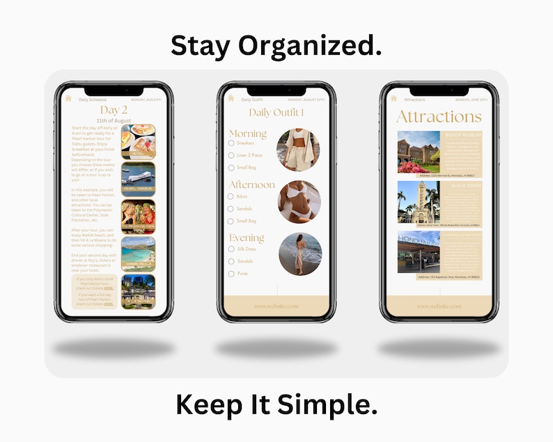 Op de afbeelding: Een screenshot van een mobiele app met een dagelijkse routebeschrijving voor een reis. De app bevat een sectie voor dagelijkse outfits, attracties en een dagelijks schema. De app is ontworpen om reizigers te helpen georganiseerd te blijven.