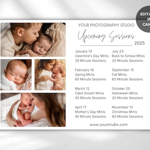 Upcoming Mini Sessions Template for Photographers | Mini sessions,Photography marketing board,Session dates overview,Sessions schedule,Canva