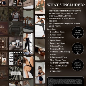 Op de afbeelding: Een collage van afbeeldingen die een pilatesstudio promoten. De afbeeldingen tonen mensen die pilatesoefeningen doen, en tekst die de aangeboden diensten beschrijft. De tekst bevat "What's Included?" en somt een PDF-bestand op met links naar Canva-sjablonen, 65 sociale media-berichten, 65 bijpassende sociale media-verhalen, gratis hashtags en meer.