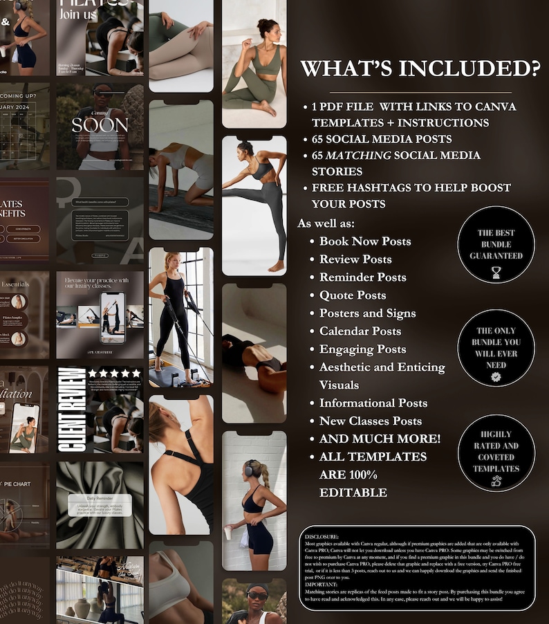 Op de afbeelding: Een collage van afbeeldingen die een pilatesstudio promoten. De afbeeldingen tonen mensen die pilatesoefeningen doen, en tekst die de aangeboden diensten beschrijft. De tekst bevat "What's Included?" en somt een PDF-bestand op met links naar Canva-sjablonen, 65 sociale media-berichten, 65 bijpassende sociale media-verhalen, gratis hashtags en meer.