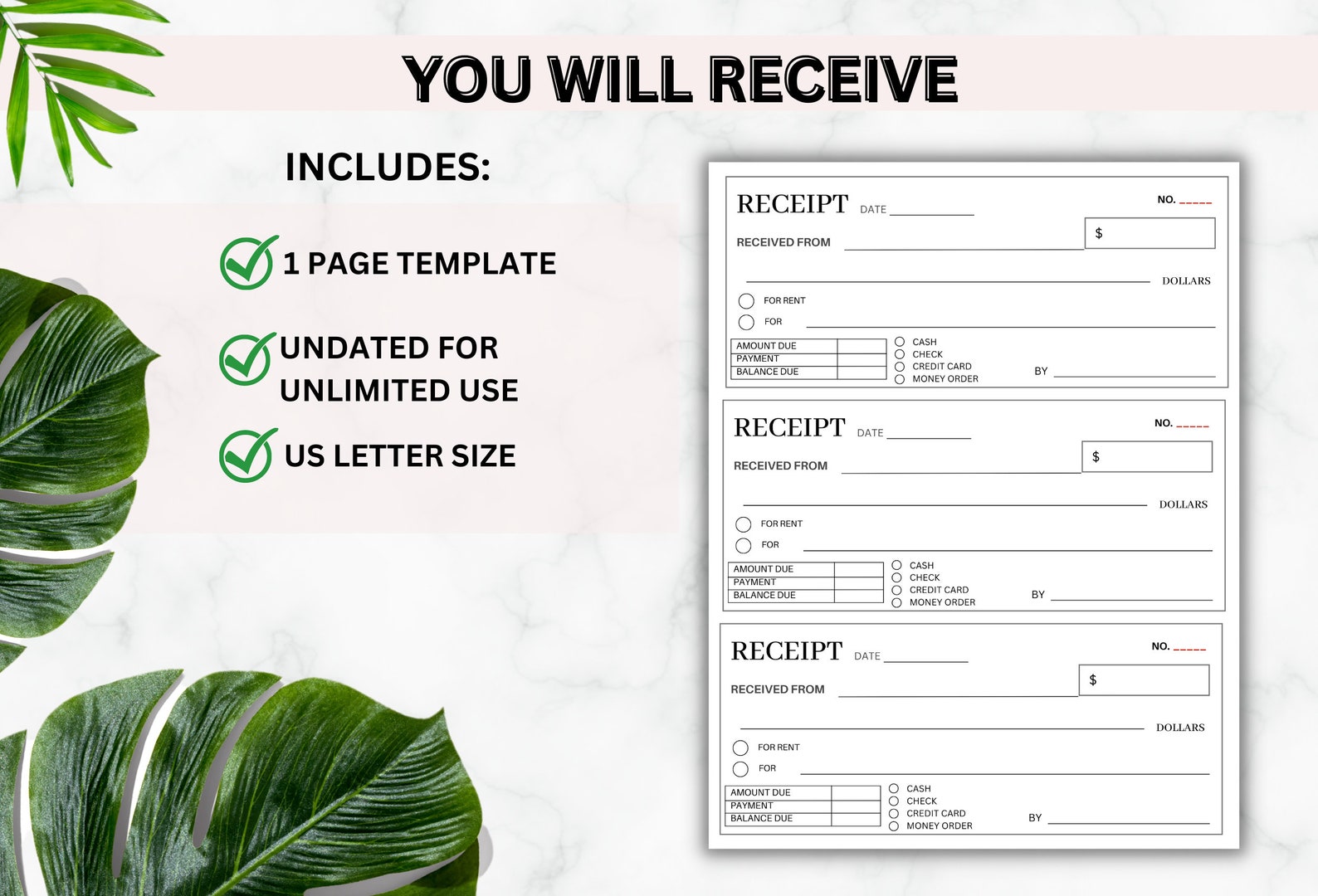 PRINTABLE Money or Rent Receipt Cash Receipt Sales Receipt Business