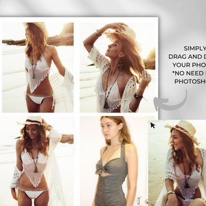 May include: A collage of four images featuring a woman wearing different styles of swimwear. The first image shows her in a white crochet bikini top and matching bottoms with a white crochet cover-up. The second image shows her in a white crochet bikini top with a white crochet cover-up. The third image shows her in a green halter-style swimsuit. The fourth image shows her in a white crochet bikini top and matching bottoms with a white crochet cover-up. The text "SIMPLY DRAG AND DROP YOUR PHOTOS *NO NEED FOR PHOTOSHOP!" is visible in the image.