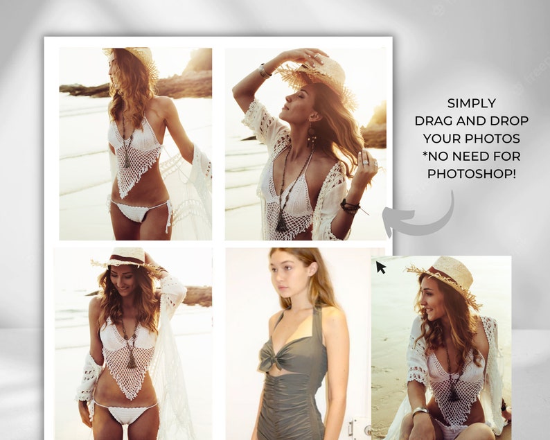May include: A collage of four images featuring a woman wearing different styles of swimwear. The first image shows her in a white crochet bikini top and matching bottoms with a white crochet cover-up. The second image shows her in a white crochet bikini top with a white crochet cover-up. The third image shows her in a green halter-style swimsuit. The fourth image shows her in a white crochet bikini top and matching bottoms with a white crochet cover-up. The text "SIMPLY DRAG AND DROP YOUR PHOTOS *NO NEED FOR PHOTOSHOP!" is visible in the image.
