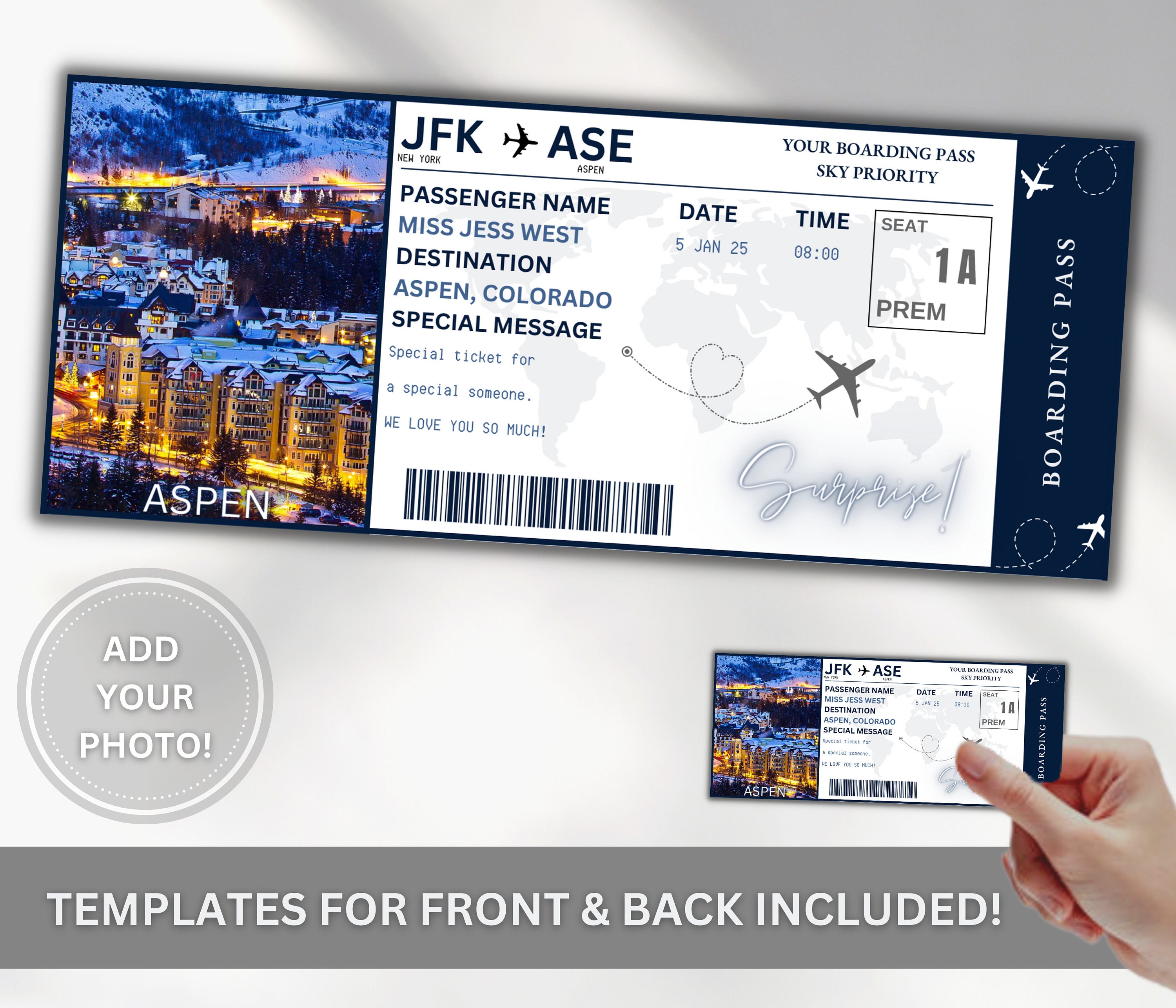 EDITABLE ASPEN Surprise Boarding Ticket Template, DIY Canva Boarding Pass, Plane Ticket Vacation Airline Trip Flight Gift Fake Ticket Coupon