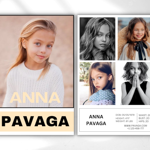 KIDS COMP CARD Template,Modeling Photo Card,Zed Card for Kid Models,Z Card,Fashion Resume, Model Comp Card for Kids,Editable Canva Template