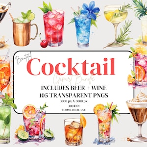 105 cliparts cocktail, clipart cocktail aquarelle, boissons alcoolisées png Summer Party cocktails tropicaux, graphiques de cocktail de menu de bar, décoration d'intérieur
