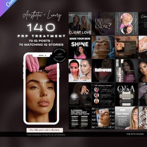 May include: A collage of images promoting PRP treatment for skin rejuvenation. The images feature before and after photos, client testimonials, and information about the treatment process. The text "140 PRP Treatment" is featured in a large font at the top of the collage. The text "The Silk and Gold Collection" is featured at the bottom of the collage.