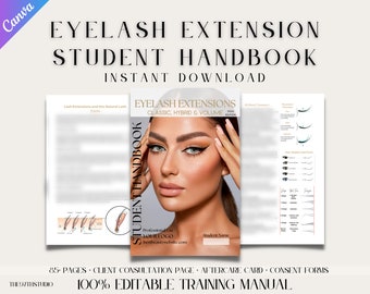 Könnte beinhalten: Ein Eyelash Extension Student Handbook Schulungshandbuch mit einem Cover, das ein Gesicht zeigt, dem Text Eyelash Extensions Classic, Hybrid & Volume 2024 Edition sowie Innenseiten mit Wimpernzyklusdiagrammen und Platzierungstechniken.