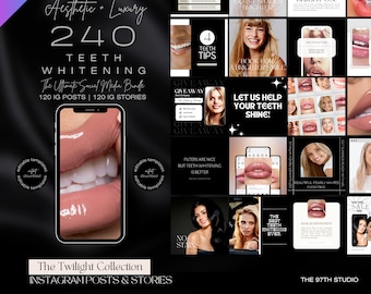 May include: A black and white graphic design with the text "Aesthetic + Luxury 240 Teeth Whitening The Ultimate Social Media Bundle 120 IG Posts | 120 IG Stories" and "The Twilight Collection INSTAGRAM POSTS & STORIES" with images of teeth whitening and lips.