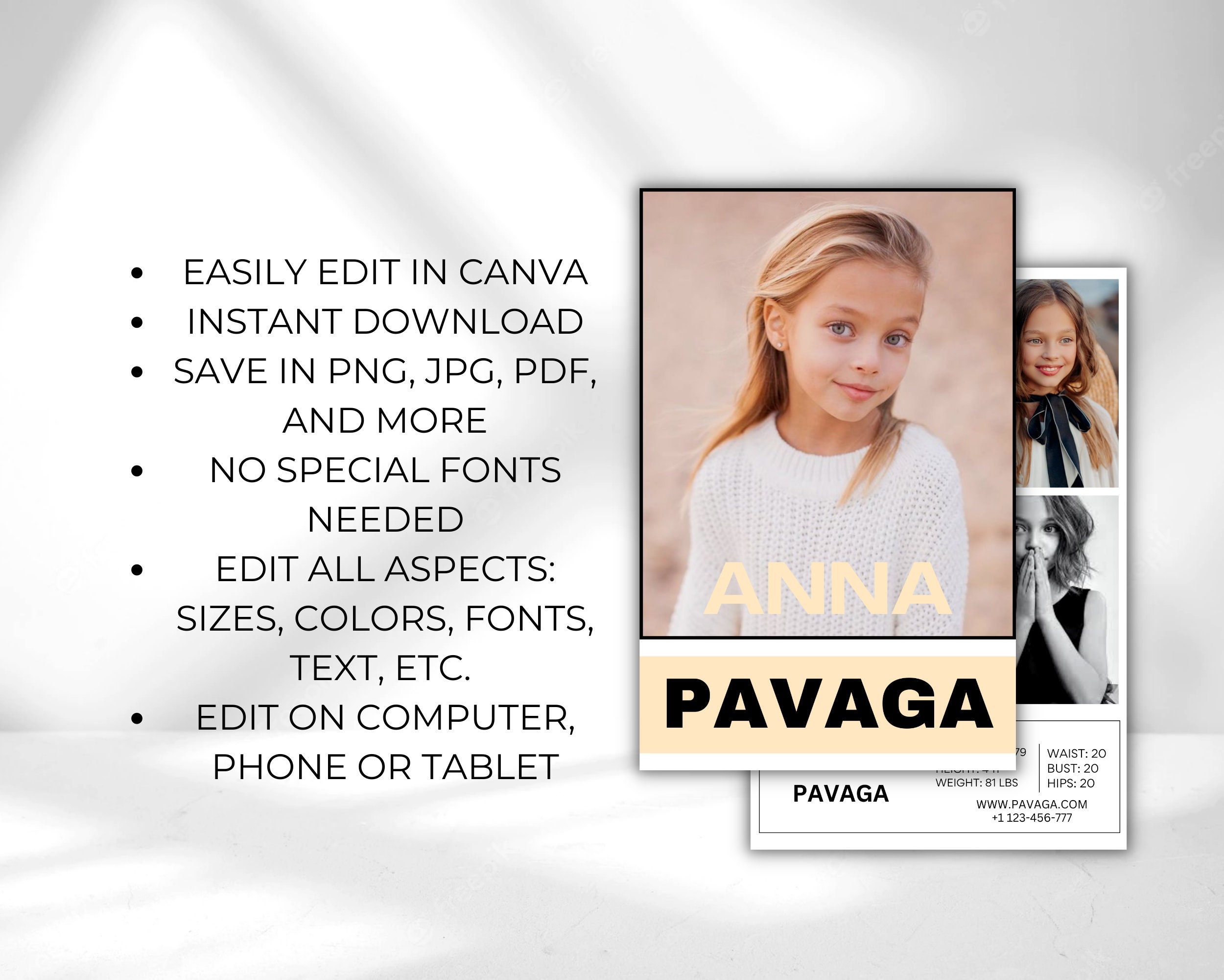 KIDS COMP CARD Template,modeling Photo Card,zed Card for Kid Models,z ...