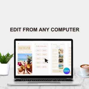 Op de afbeelding: Een laptopcomputer waarop een Canva-document wordt weergegeven met een reisroute voor Hawa&iuml;. Het document bevat een dagelijks schema en foto's van het eiland. De tekst op het scherm luidt "Hawaii Full Itinerary" en "Daily Schedule".