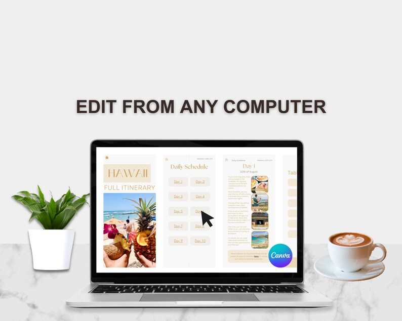 Op de afbeelding: Een laptopcomputer waarop een Canva-document wordt weergegeven met een reisroute voor Hawa&iuml;. Het document bevat een dagelijks schema en foto's van het eiland. De tekst op het scherm luidt "Hawaii Full Itinerary" en "Daily Schedule".