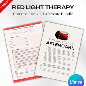 May include: A bundle offer featuring a red and white consent form and aftercare instructions for red light therapy. The documents have red accents and include the text "Red Light Therapy" and "Aftercare". A Canva logo is in the bottom right.