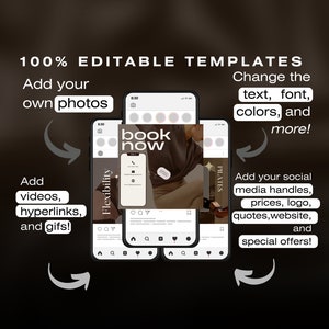 Op de afbeelding: Drie Instagram-story-sjablonen in een bruin en wit kleurenschema. De sjablonen bevatten een foto van een persoon, tekst die "book now" zegt en een call-to-action. De sjablonen zijn 100% bewerkbaar en kunnen worden aangepast met je eigen foto's, video's, hyperlinks en gifs.