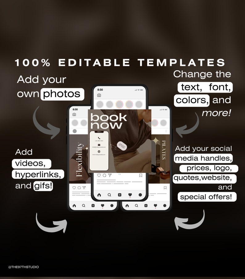 Op de afbeelding: Drie Instagram-story-sjablonen in een bruin en wit kleurenschema. De sjablonen bevatten een foto van een persoon, tekst die "book now" zegt en een call-to-action. De sjablonen zijn 100% bewerkbaar en kunnen worden aangepast met je eigen foto's, video's, hyperlinks en gifs.